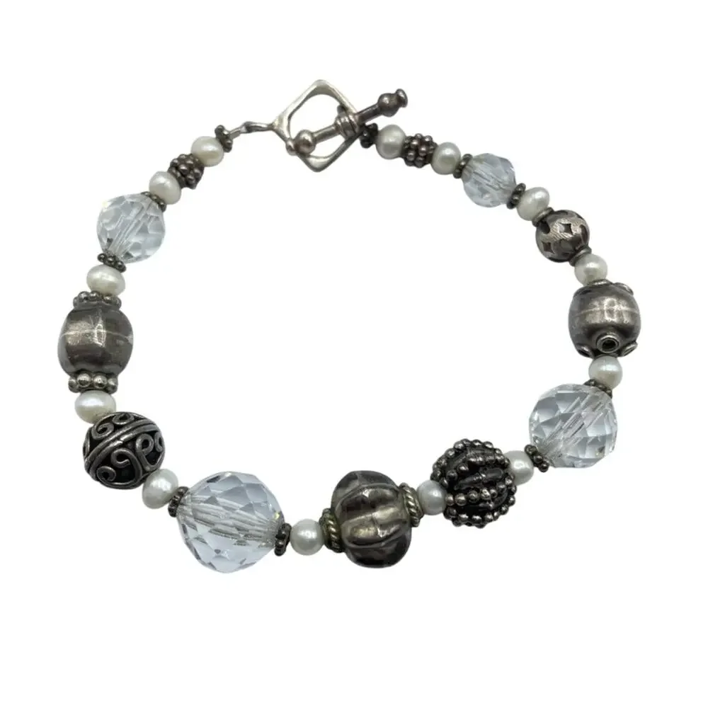925 Silver & Clear Glass Beads Beaded Bracelet Marked Charms